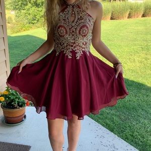 maroon/red and gold homecoming dress